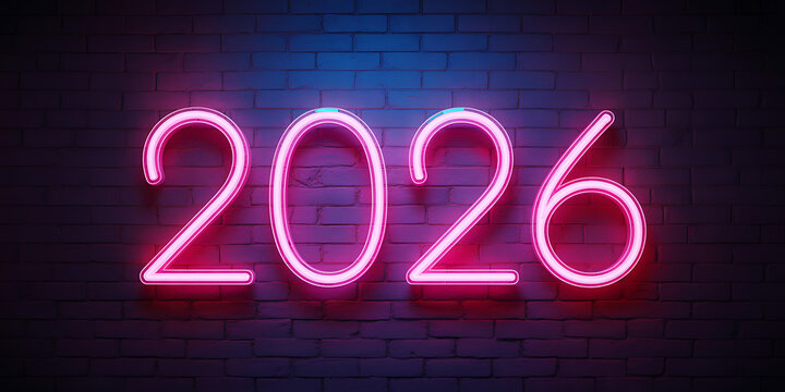 Bright pink neon numbers 2026 glowing against a dark brick wall - Powered by Adobe