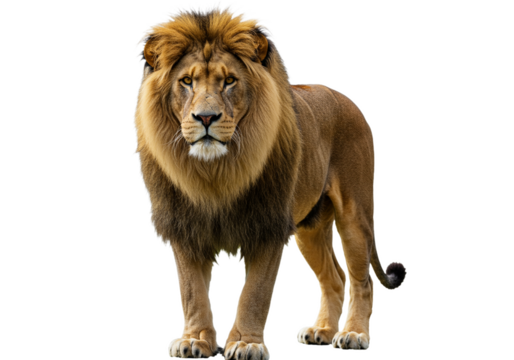 Side view of a Lion walking, looking at the camera, Panthera Leo, 10 years old, isolated on a white transparent background