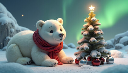 Cute polar bear wearing a red scarf by a decorated Christmas tree  