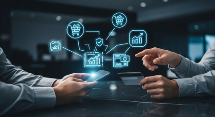 Digital commerce transaction with glowing network icons and credit card