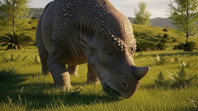 Einiosaurus Grazing in a Lush Prehistoric Landscape.