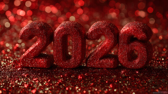 3D Hello 2026 numbers in a glittery red background with a glittery texture and a bokeh effect against a dark red background representing the new year concept. Festive digital