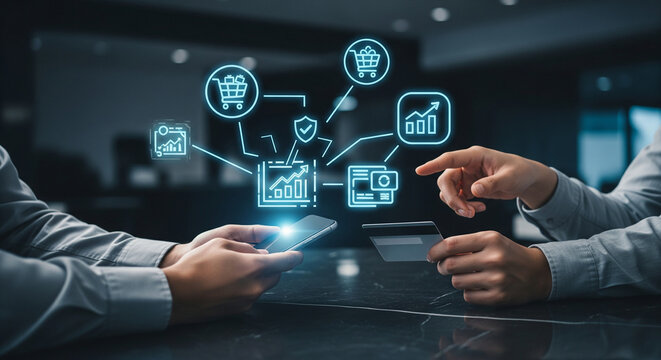 Digital commerce transaction with glowing network icons and credit card