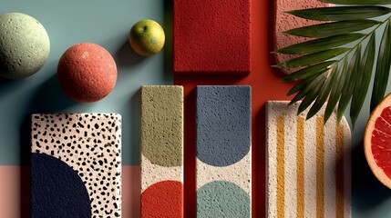 Simple Memphis-style New Year flat lay background, geometric festive accents, modern abstract shapes, soft bright palette, creative balanced arrangement, unique composition