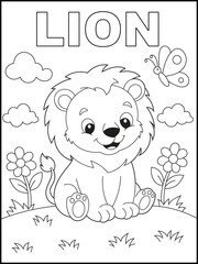 Fun Safari Animal Illustration for Children’s Learning and Activity Sheets. Adorable Cartoon Lion Coloring Page for Kids. Cute Baby Lion Sitting in Flower Garden with Butterfly, Clouds, and Sunny Sky