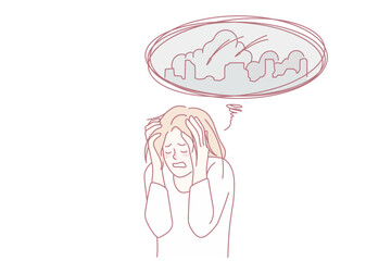 Obraz premium Unhappy woman worried about city bombings. Unhealthy stressed female think of war attack in town. Vector illustration.