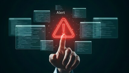 Cybersecurity threat alert finger pointing at a glowing red warning sign