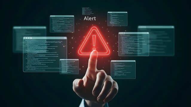 Cybersecurity threat alert finger pointing at a glowing red warning sign