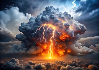 Fiery cloud explosion in a stormy sky with dark grey clouds and lightning illuminating the background