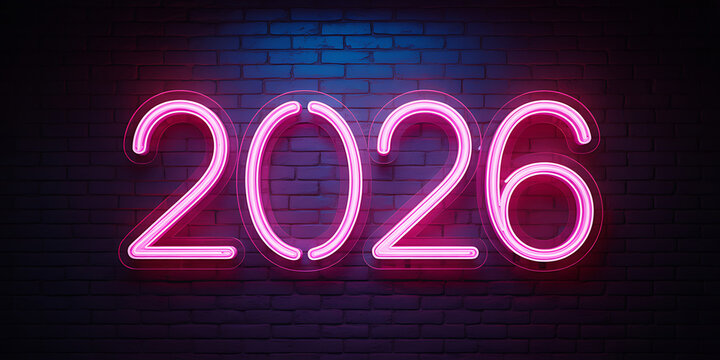 Bright pink neon sign displaying the year 2026 against a brick wall