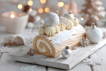 White Christmas Yule Log Cake with Cream Frosting and Festive Decorations on White Wooden Table
