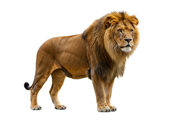 Side view of a Lion walking, looking at the camera, Panthera Leo, 10 years old, isolated on a white transparent background