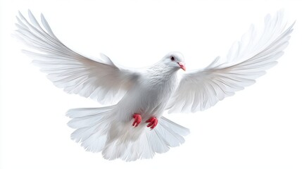A white dove spreads its wings wide while flying in a clear blue sky. The bird has striking red feet and looks peaceful and elegant in the sunlight.