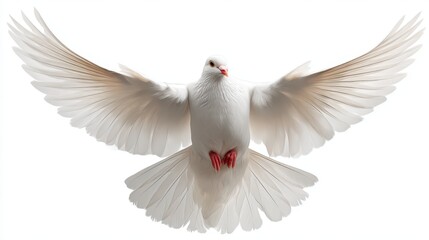 Obraz premium A white dove spreads its wings wide displaying intricate feather patterns against a plain backdrop symbolizing peace and freedom. Its presence evokes serenity and beauty.