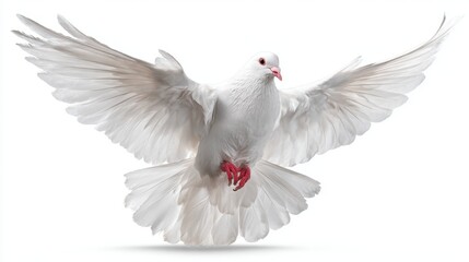 Fototapeta premium A white dove in flight wings spread wide and body poised gracefully. The dove hovers mid air highlighting its delicate features and vibrant plumage.