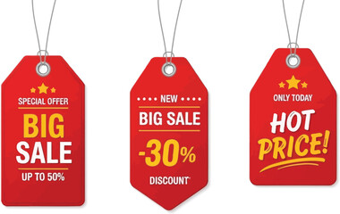 Sale Tag Vector Graphics Set Big Sale, Hot Price, and Discount Offers on Bright Tags