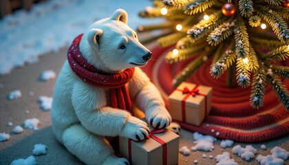 Polar bear wearing scarf sitting by Christmas tree with presents  