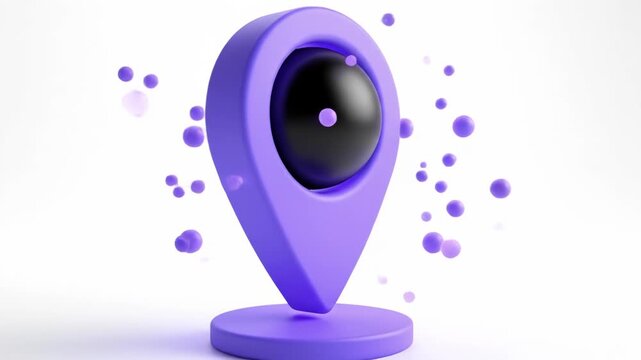 3d purple map location pin icon with black sphere and floating small sphere element isolated on white background