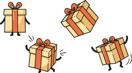 A set of four cute cartoon gift boxes in beige with orange ribbons, featuring arms and legs in happy, jumping poses.