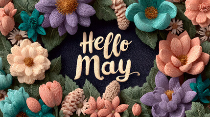 May month illustration background with pastel colors drawing with written Hello May to celebrate start of the month