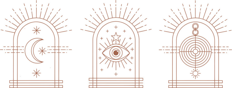 Mystical esoteric symbols set with celestial moon and all-seeing eye. Boho chic linear art design collection for spiritual and magical concepts 06.eps