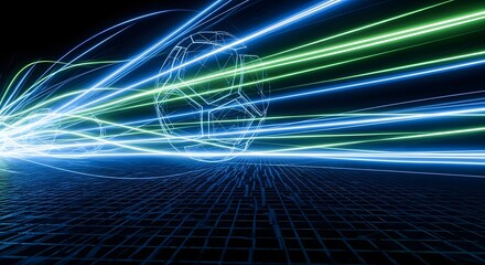 Abstract Digital Network Sphere with Blue and Green Light Trails on Dark Grid Background