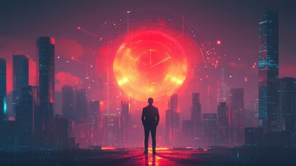 The silhouette of a person against the backdrop of a futuristic city beneath a giant illuminated clock face conveys the anxiety of technological progress, making it suitable as the main background  