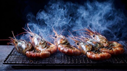 Freshly Grilled Shrimp with Smoke Rising from Grate against Dark Background for Culinary and Food Photography