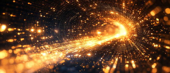 A sparkling tunnel of light particles creates the illusion of a cosmic portal, perfect as a dynamic backdrop for scientific conferences or futuristic websites.