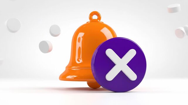 3d rendering of a medication reminder alarm bell with a purple cancel icon and white pill falling, isolated on white background