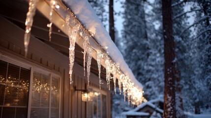 Snowy Winter Scene with Icicles and Festive Lights on a Cozy Cabin Rooftop Surrounded by Pine Trees and a Peaceful Landscape