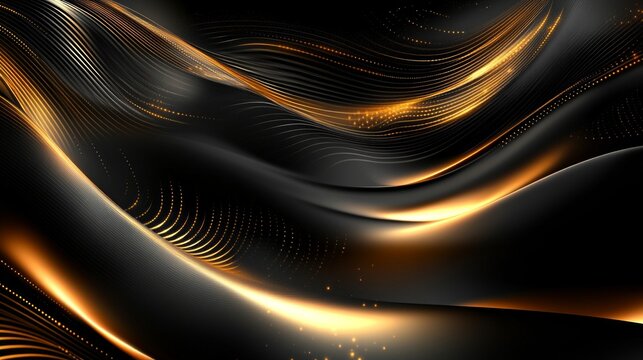 Luminous golden streams against a dark background create a dynamic visual effect, ideal for a modern digital backdrop at technology presentations.
