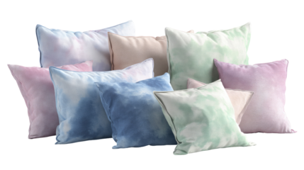 Assorted soft decorative cushions in pastel tones watercolor style on transparent background