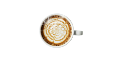 Top Down View of Steaming Coffee Cup with Intricate Latte Art and Swirl Patterns