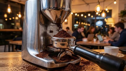 Close-up shot of coffee grinder with ground coffee in cafe.
