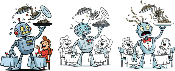 Funny robot waiters dropping spaghetti, chaotic restaurant service, cartoon robots, humor illustration, comedic dining mishap, quirky AI
