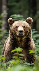 Obraz premium The attentive gaze of a brown bear amid the greenery of the forest conveys the wildness of nature, making it an ideal natural backdrop for environmental campaigns and documentaries.