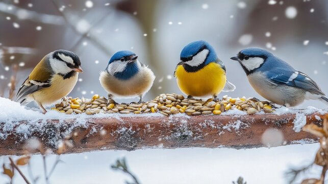 Four bright blue tits on a snow-covered branch with food symbolise winter care for nature, serving as a touching backdrop for environmental campaigns or New Year's cards.