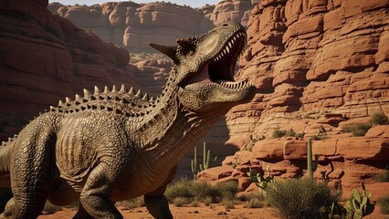 Majestic Ceratosaurus Roaming Through a Prehistoric Canyon Landscape.
