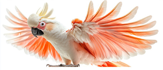 An elegant white cockatoo with luxurious orange and pink feathers spreads its wings, which would be perfect as an artistic background for postcard designs or advertisements for exotic travel.