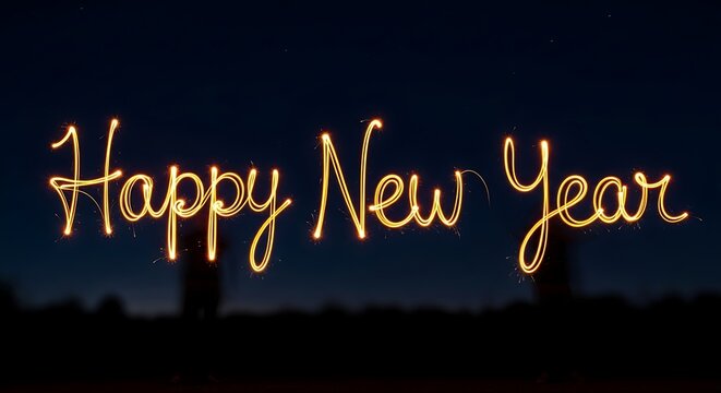 Happy new year" text written with sparkling golden light trails at night