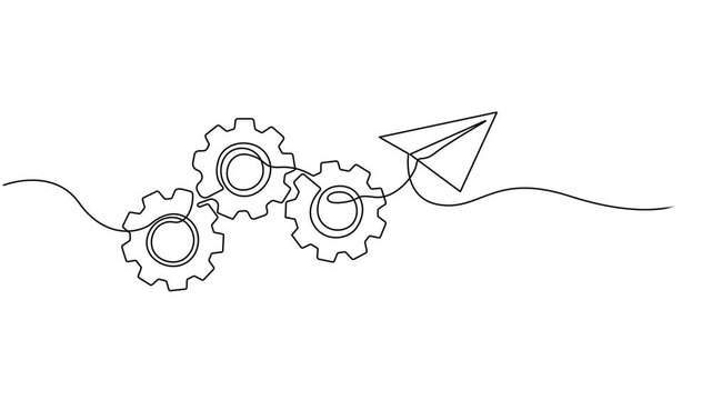 gear with paper plane continuous one line drawing animation, Video. Gears with paper airplane one continuous editable line. Concept of learning, business, Animation on white background 4K. Line gear