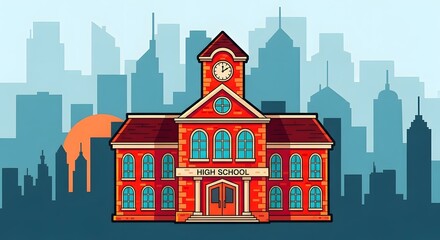 Naklejka premium Classic Red Brick High School Building with Modern City Skyline Background Illustration