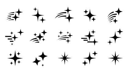 Fototapeta premium Vector black star and sparkle icons set, isolated on white. clean shiny starburst shapes, glow symbols, design elements for graphic projects.