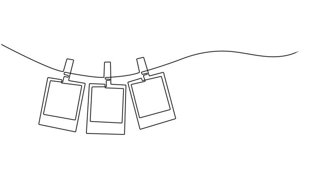 Self drawing animation Photo frames hanging on the rope with clothespins in one continuous line drawing. Full length animation High quality 4k video. Clothesline with pin and peg for photo album style