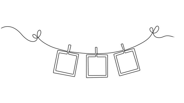 Self drawing animation Photo frames hanging on the rope with clothespins in one continuous line drawing. Full length animation High quality 4k video. Clothesline with pin and peg for photo album style