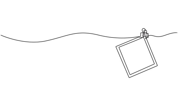 Self drawing animation Photo frames hanging on the rope with clothespins in one continuous line drawing. Full length animation High quality 4k video. Clothesline with pin and peg for photo album style