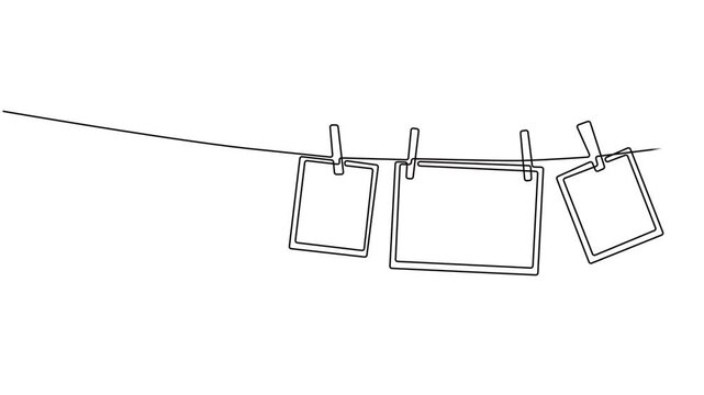 Self drawing animation Photo frames hanging on the rope with clothespins in one continuous line drawing. Full length animation High quality 4k video. Clothesline with pin and peg for photo album style