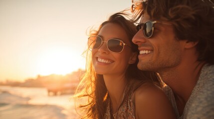 Two people are sitting close together on a sandy beach as the sun sets behind them. They are both smiling broadly wearing sunglasses and enjoying the warm evening.