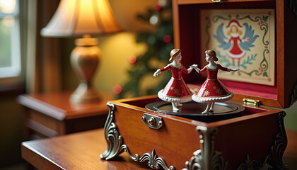 Vintage music box with dancing figurines in cozy living room  